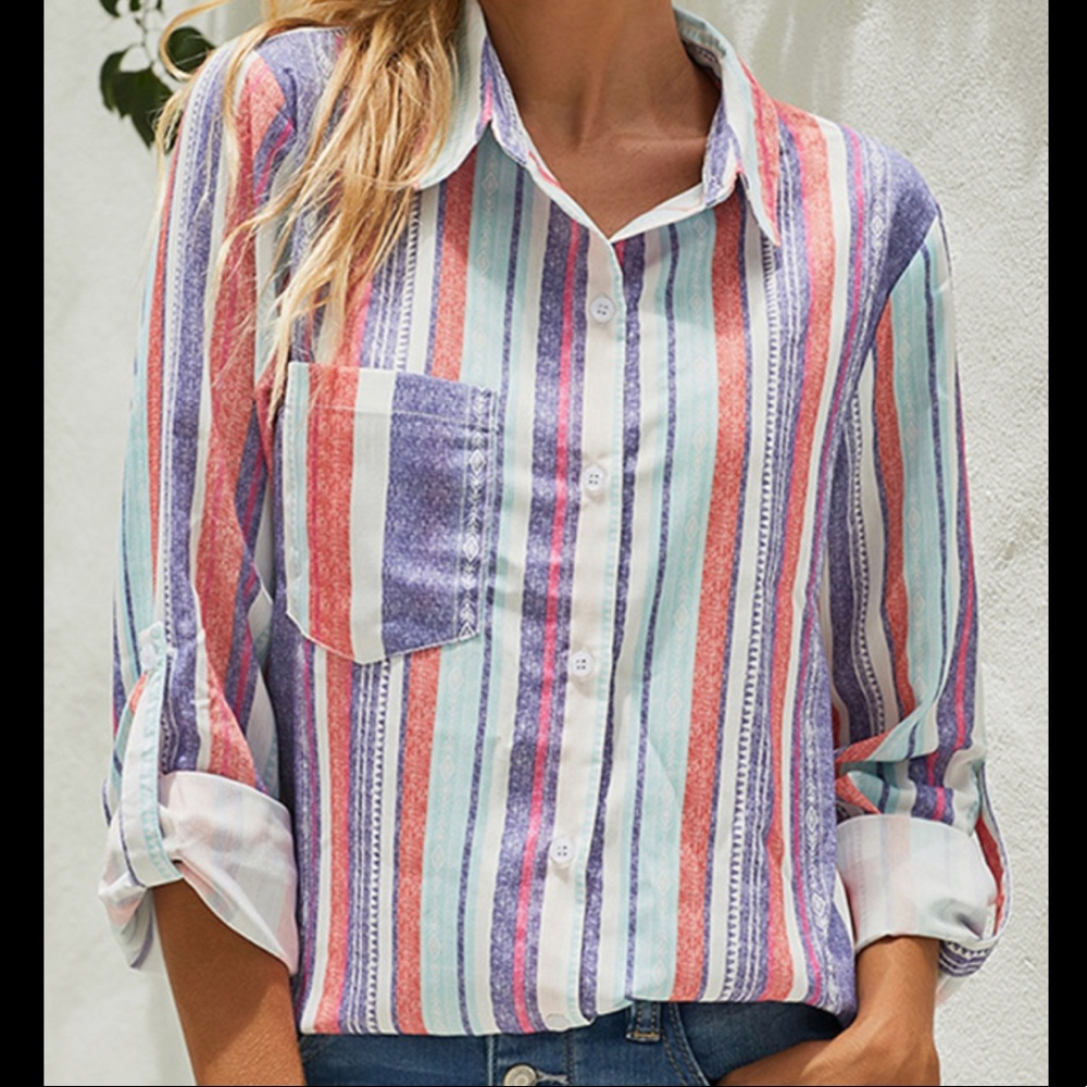 Striped Tribal Aztec Multicolor Button Shirt Blouse